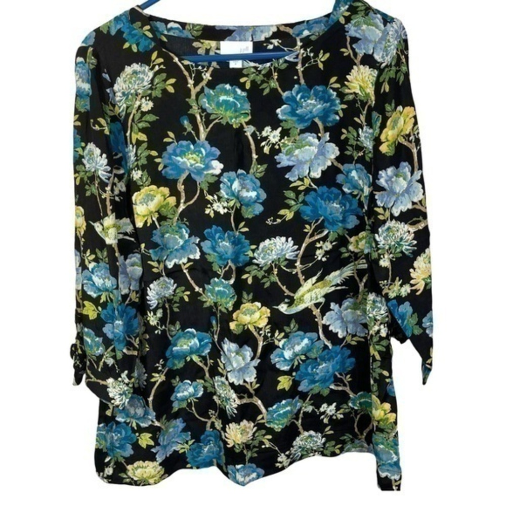 J. Jill XS Womens Tunic Top Black Multicolor Floral 3/4 Sl Bow Tie Washable Sz M